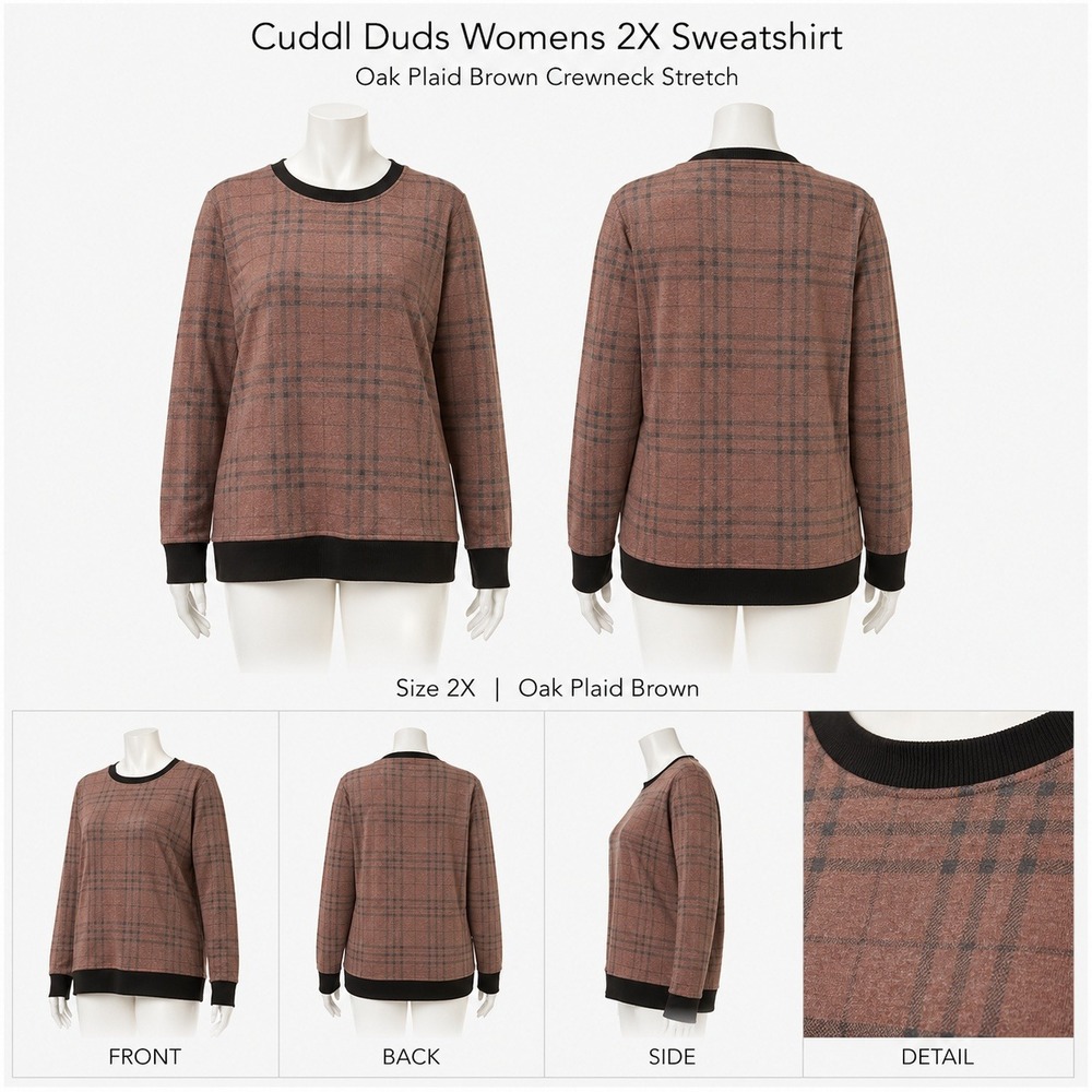 Cuddl Duds Womens 2X Sweatshirt Oak‎ Plaid Brown Crewneck Stretch Pullover NWOT